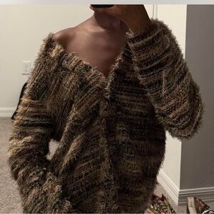 Oster Fuzzy Brown Striped V-Neck Cardigan